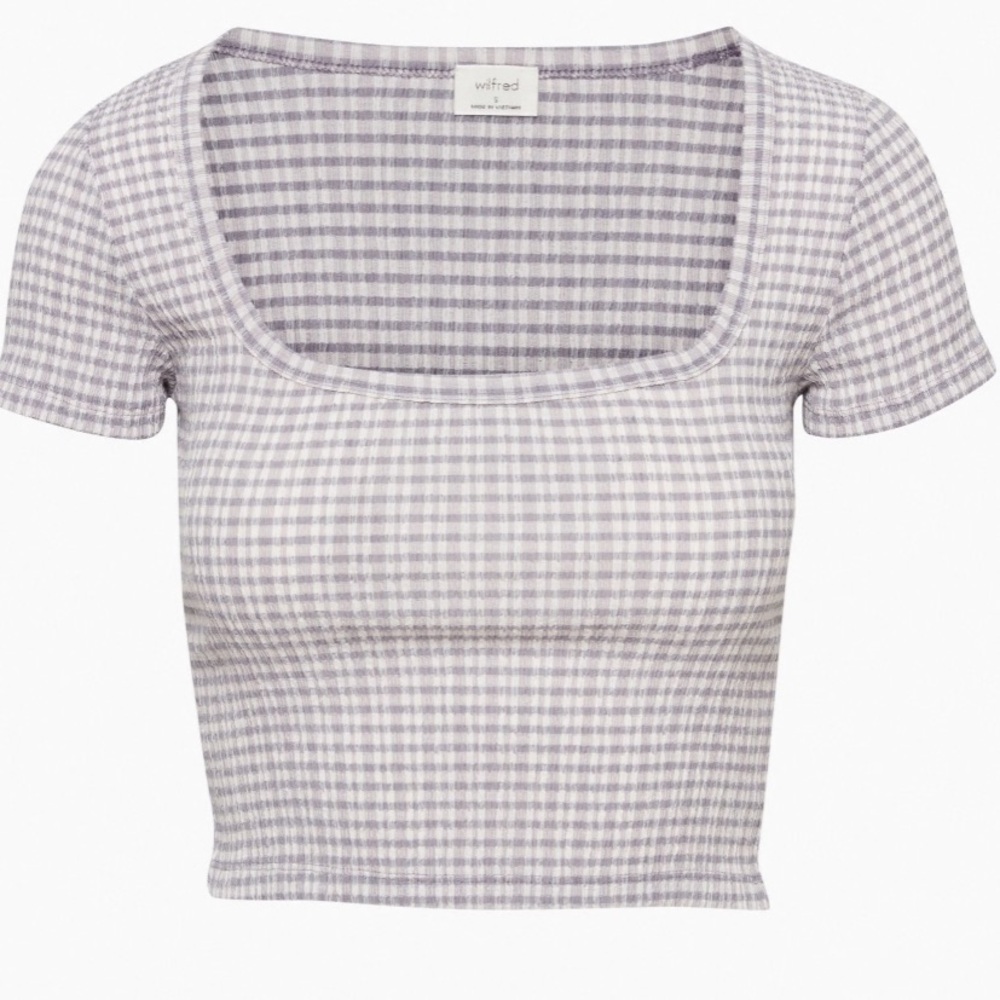 Aritzia Wilfred Women's Yacht T-Shirt Purple Checkered Plaid Crop Top Size XL